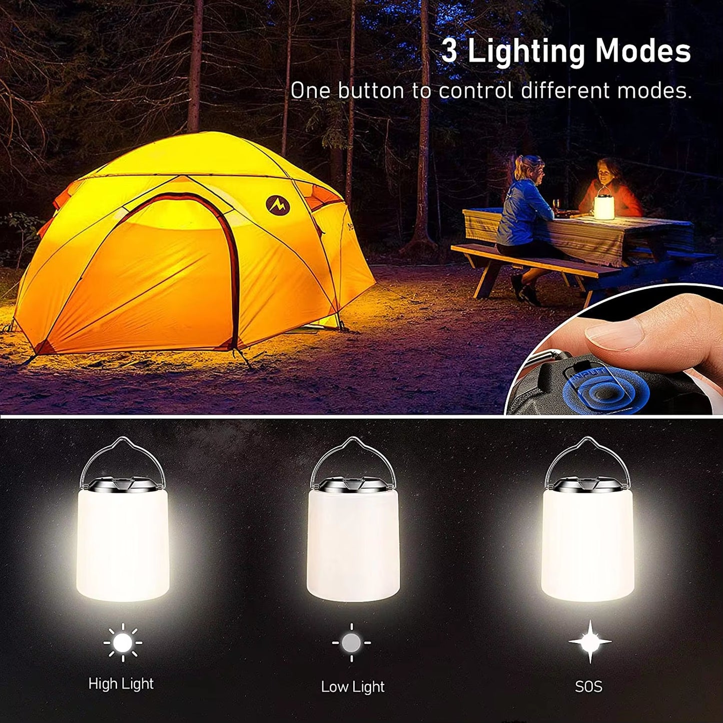 Linterna de camping recargable, luz blanca cálida de 3000 K, Impermeable